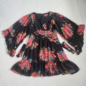 Betsy Johnson Size 10 Black Pink Floral Fairy Dress w/ Ruffles Bell Sleeves